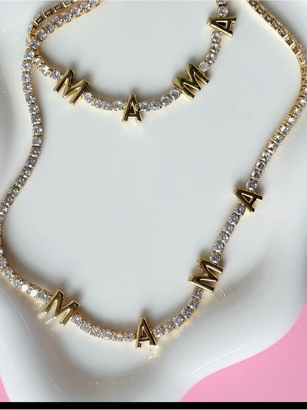 Gold Letter 'MAMA' Crystal Tennis Necklace - Gold
